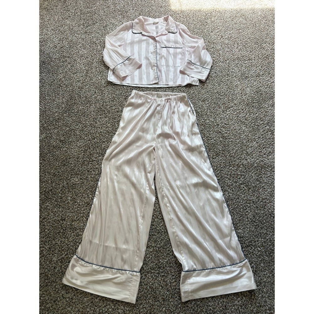 Free People Intimately Pajama Set Medium Light Pink Striped Satin Wide Leg